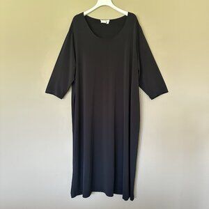 Ulla Popken Women 24/26 Slinky Black Midi Dress 3/4 Sleeve Stretch Minimalist